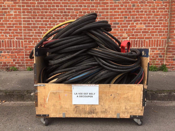 Why we are out of stock - bin of bicycle tyres to be recycled into upcycled belts