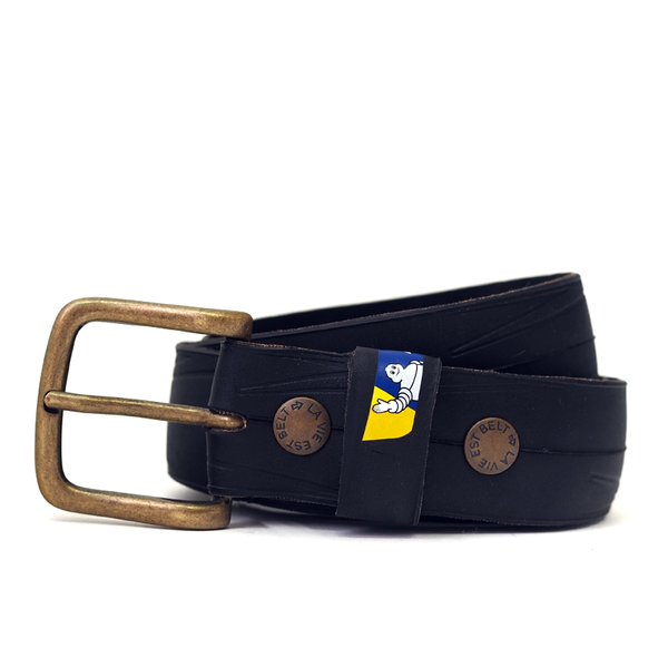 Upcycled belt La Vie est Belt Mascot Blue Yellow